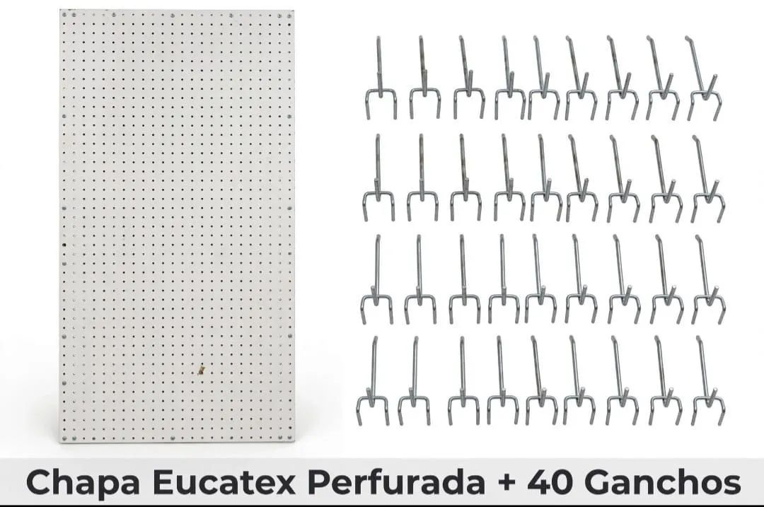Chapa perfurada Eucatex 120x60 com 40 ganchos de 3 tamanhos