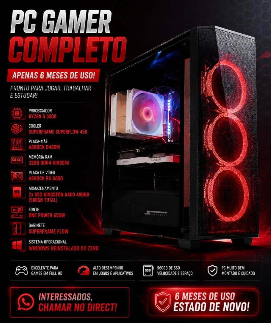 PC GAMER COMPLETO - APENAS 6 MESES DE USO!