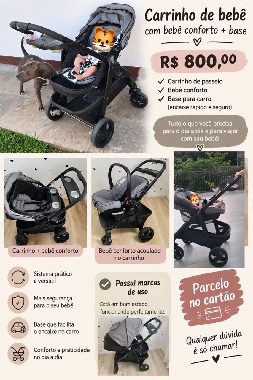 Carrinho de bebê com bebê conforto e base