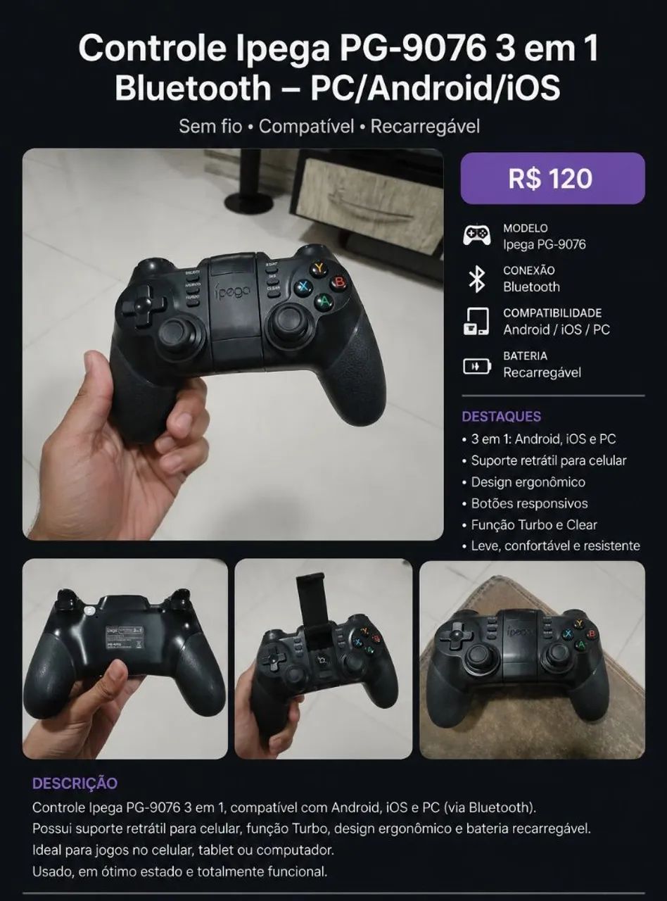 Controle ipega bluetooth, wireless 2.4 e cabo 
