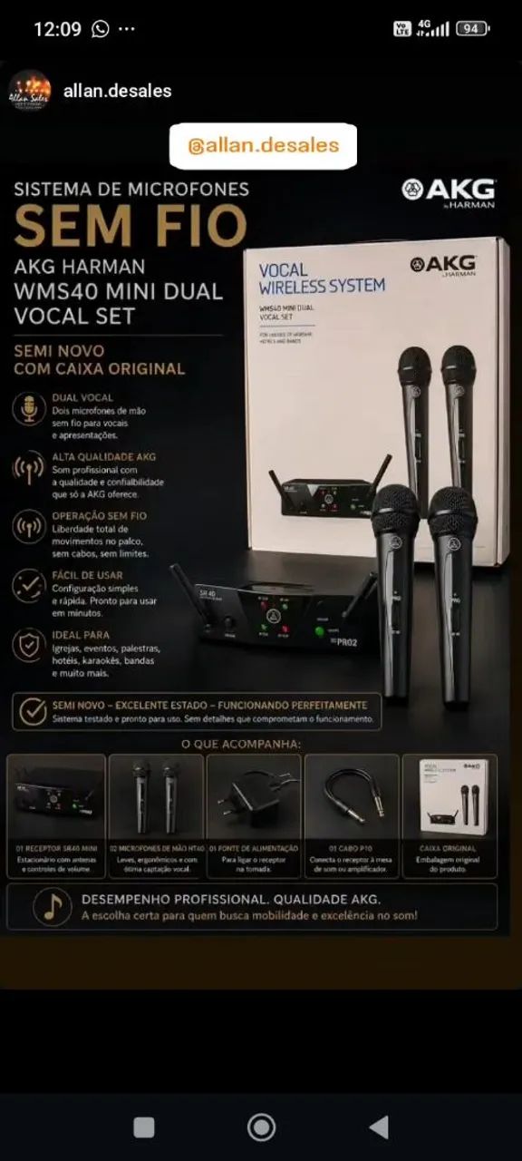 Sistema sem fio 2 microfones AKG Harman WMS40 mini dual