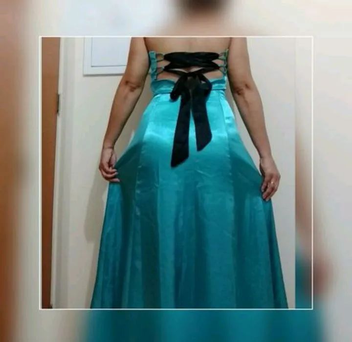 Vestido Longo Azul Turquesa com Detalhes em Preto - Foto 2