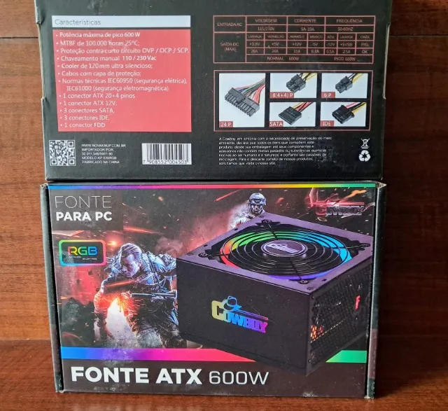 Fonte PC 600W ATX LED RGB - Cowboy Knup - Entrega Gratis