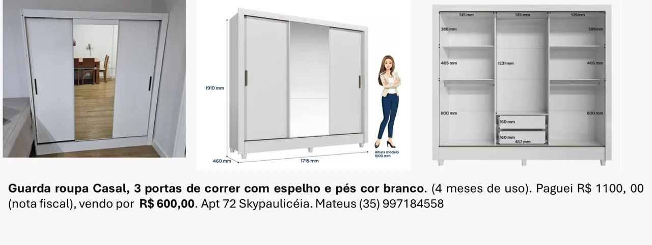 Guarda roupa Casal 3 portas com espelho branco
