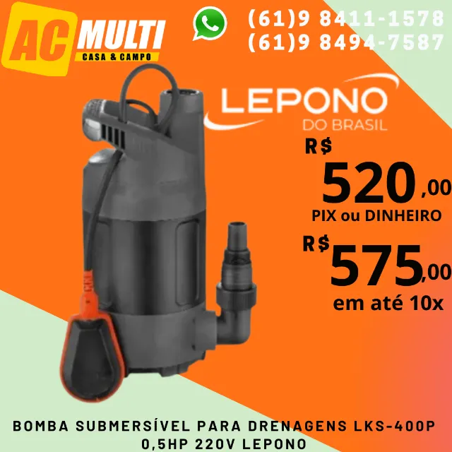 Bomba Submersível para Drenagens LKS-400P 0,5hp 220v Lepono