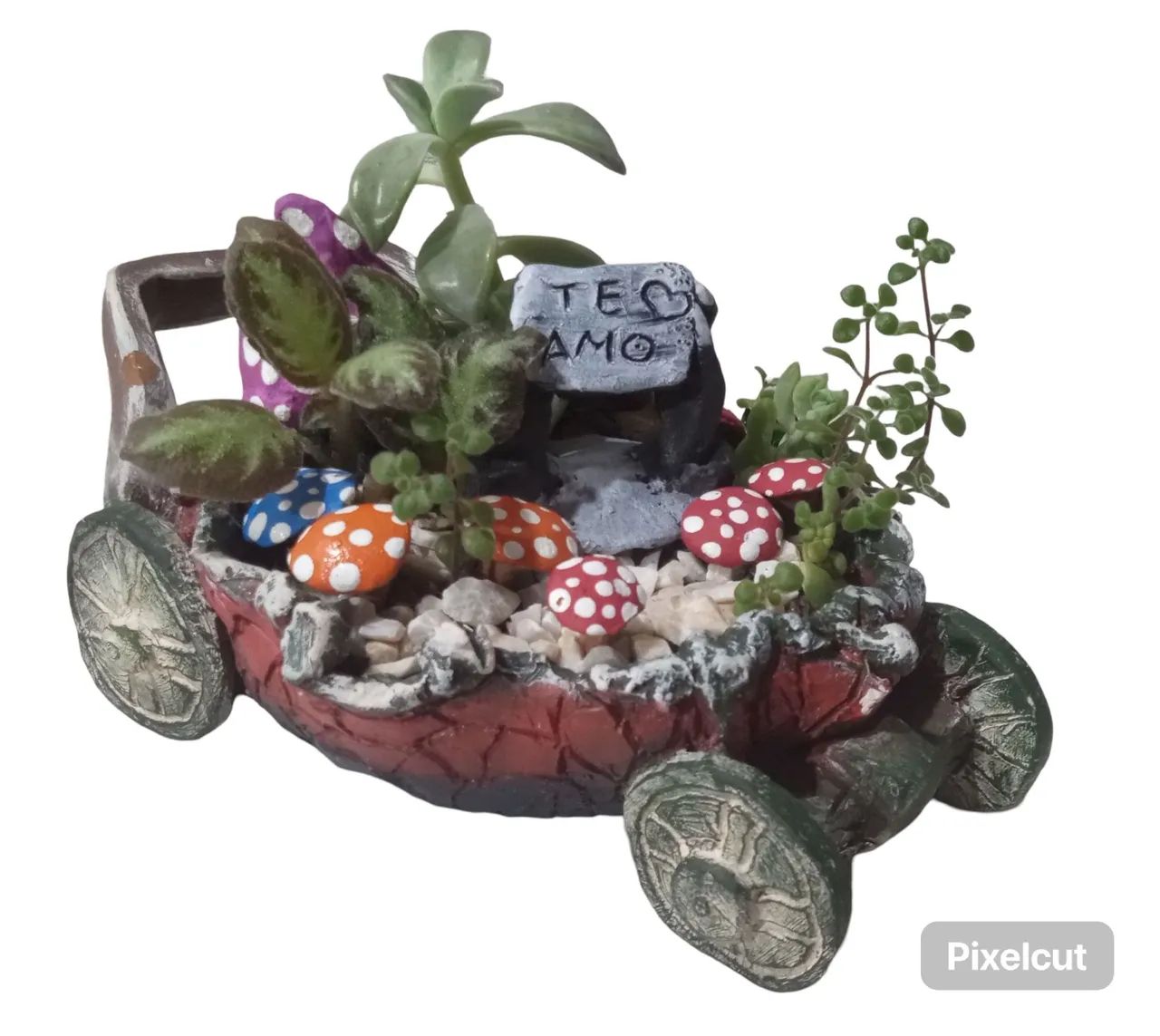 Arranjo de suculentas no carrinho de cerâmica 