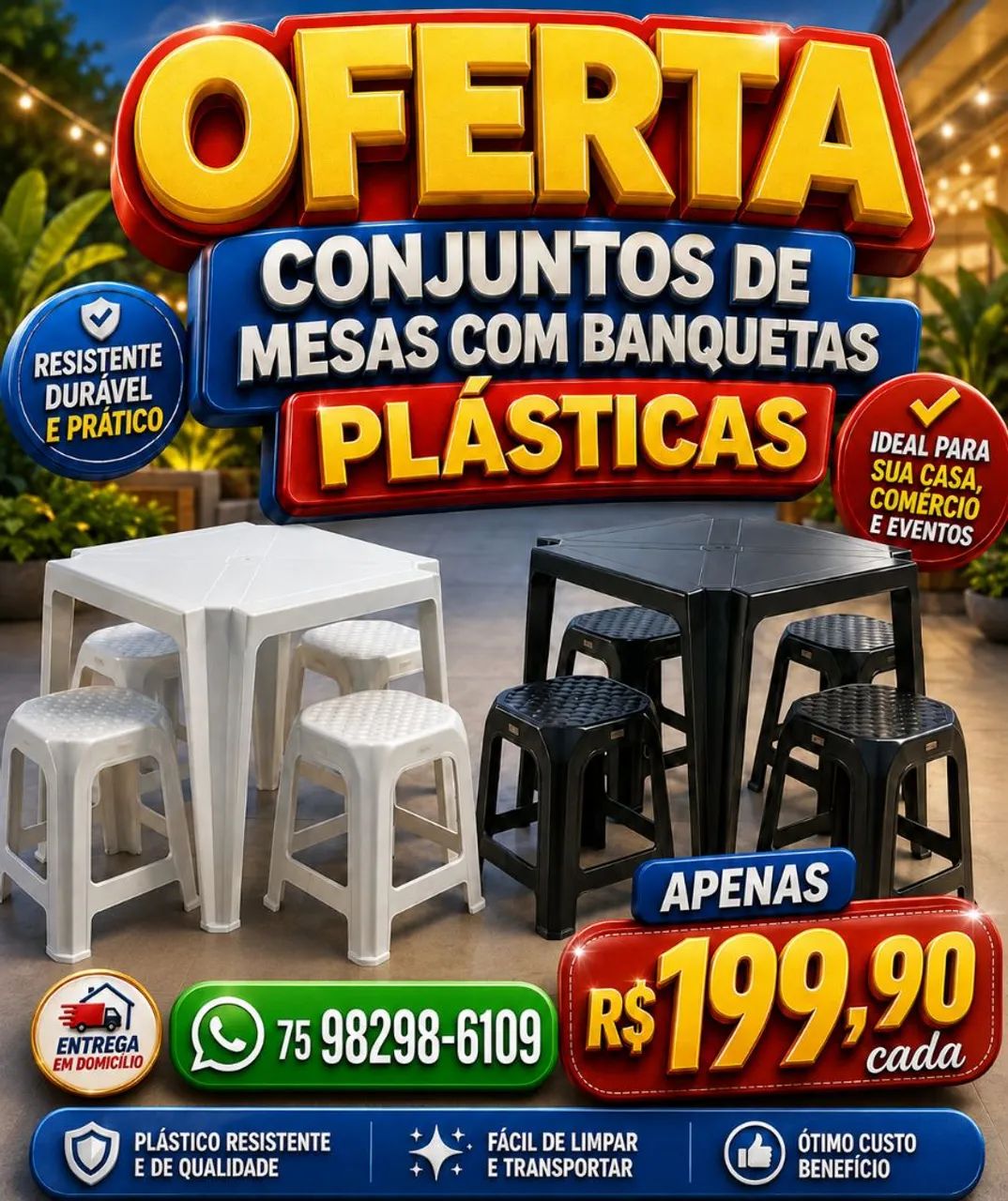 Conjuntos de mesas e banquetas plásticas - Cada: