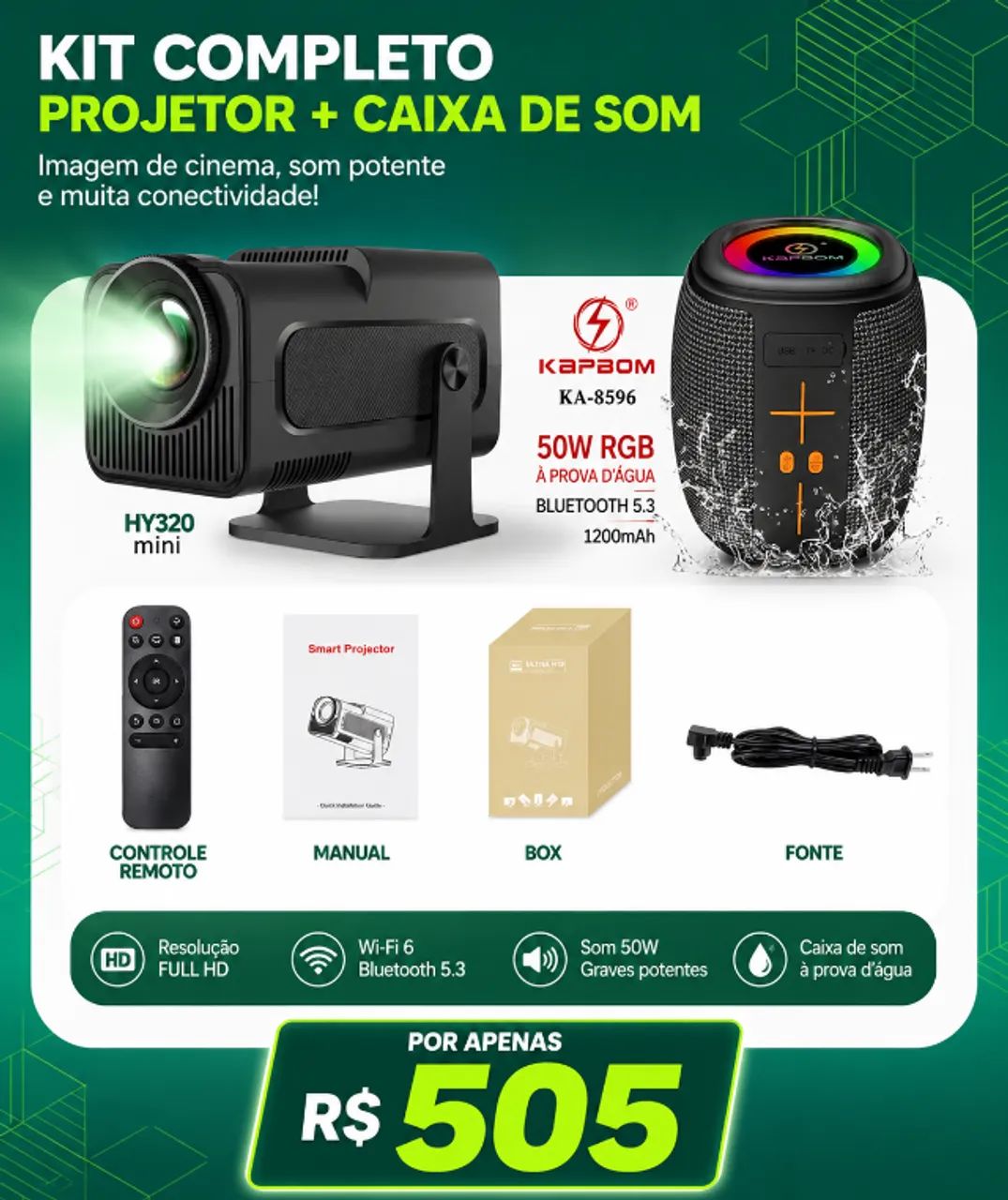Kit Projetor HY320 Mini + Caixa de Som Bluetooth 50W por R$ 505 