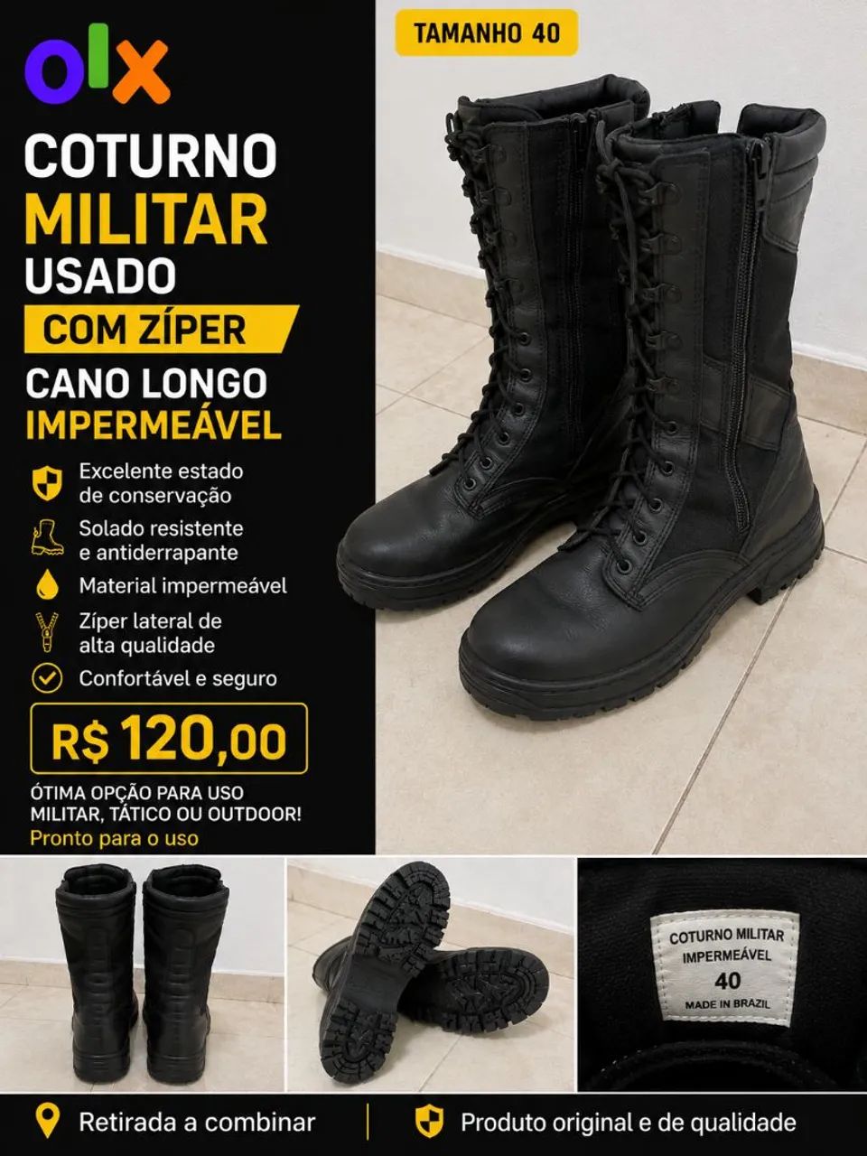 Coturno militar cano longo com zíper