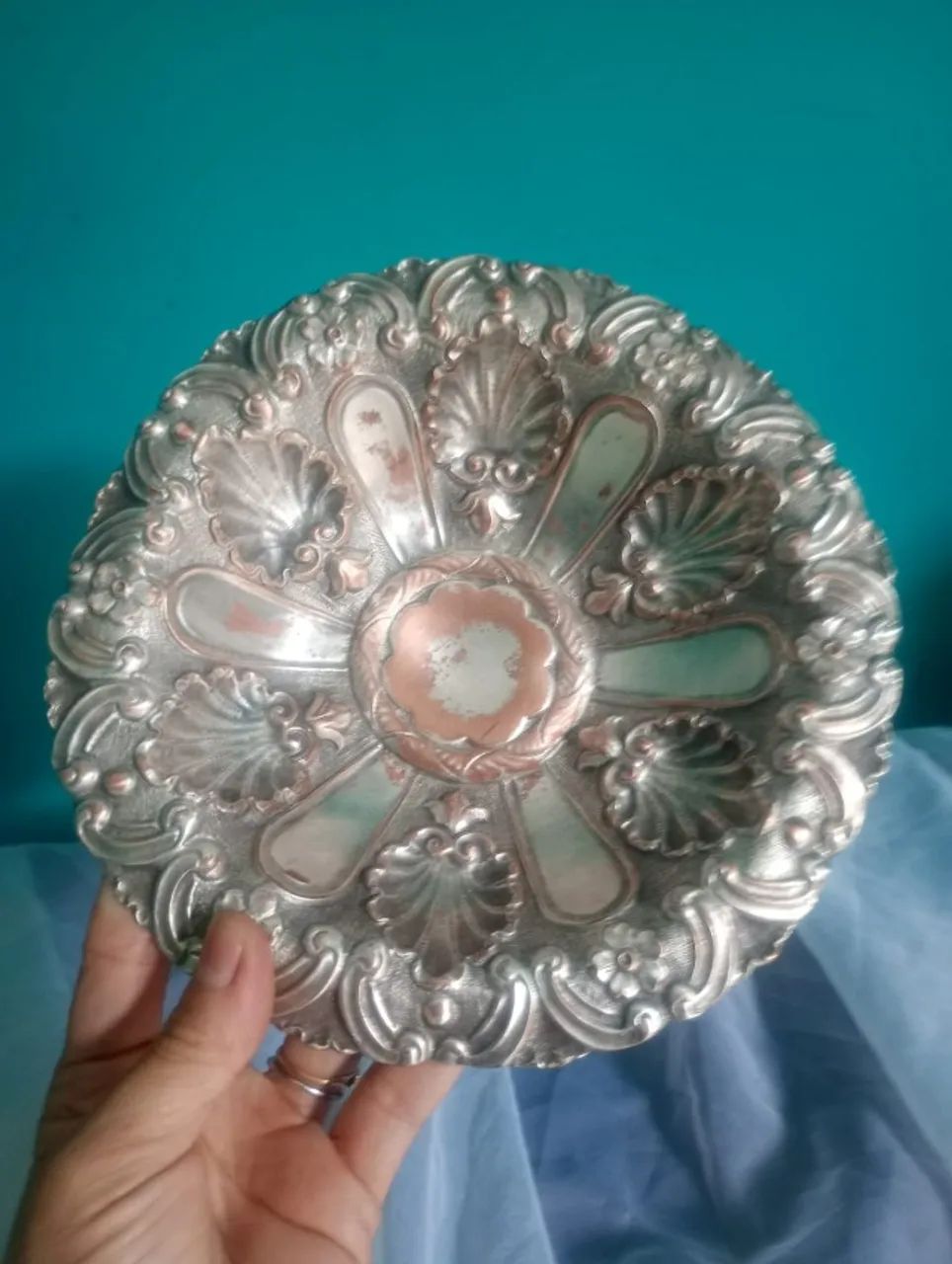 Antigo centro de mesa / fruteira em cobre com banho de prata  - Foto 6