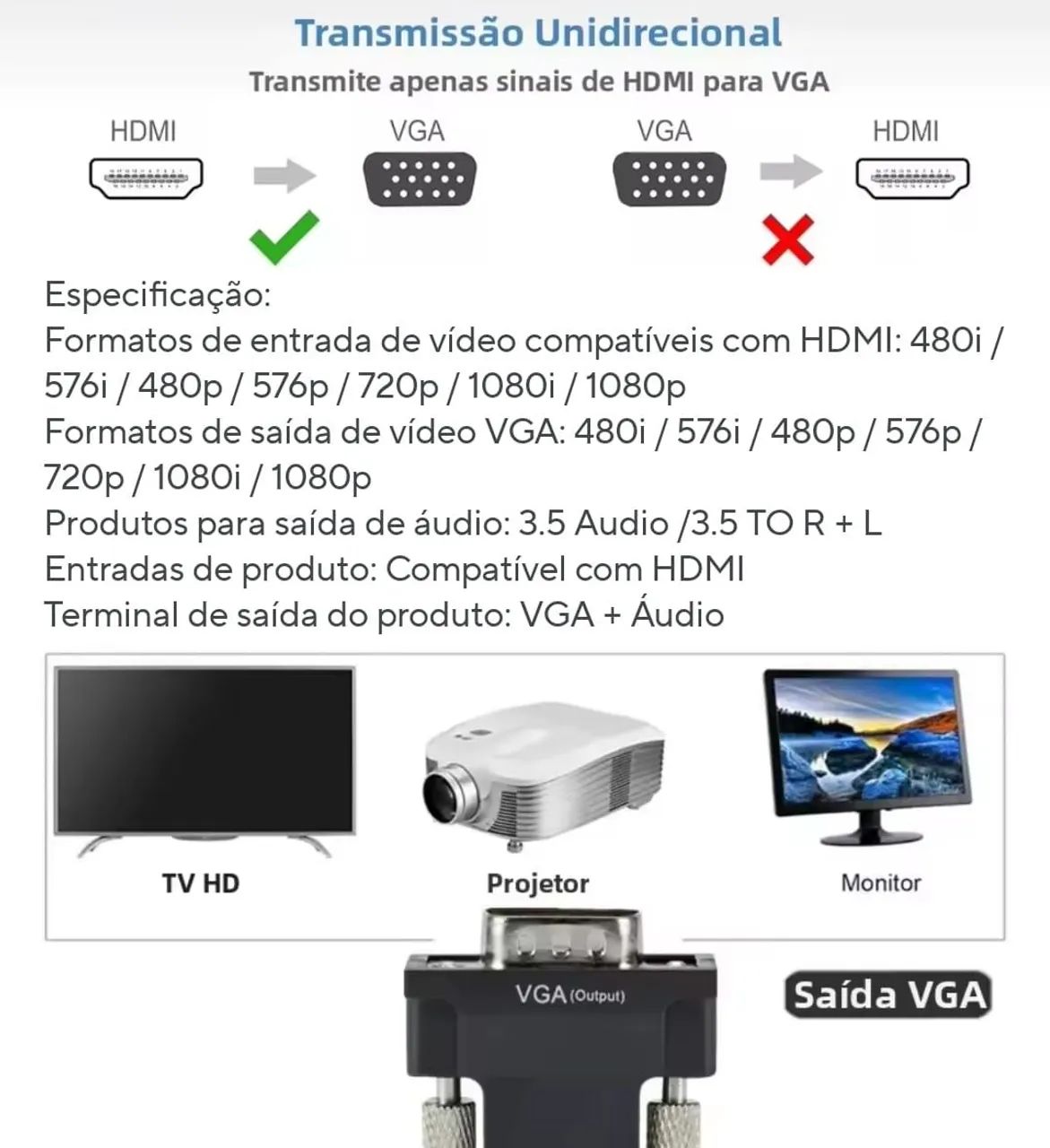 Adaptador HDMI X VGA com cabo de áudio  - Foto 3