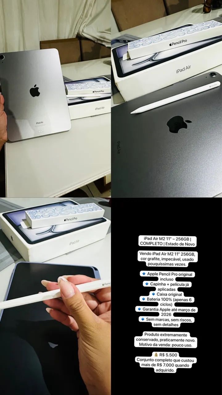 iPad Air M2 11 - 256GB | Completo + Apple Pencil Original+ capinha e película 