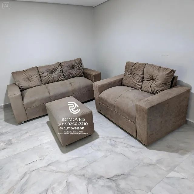 Conjunto Sofá 2 e 3 Lugares Puff Suede Caramelo D33 Durável - Foto 3