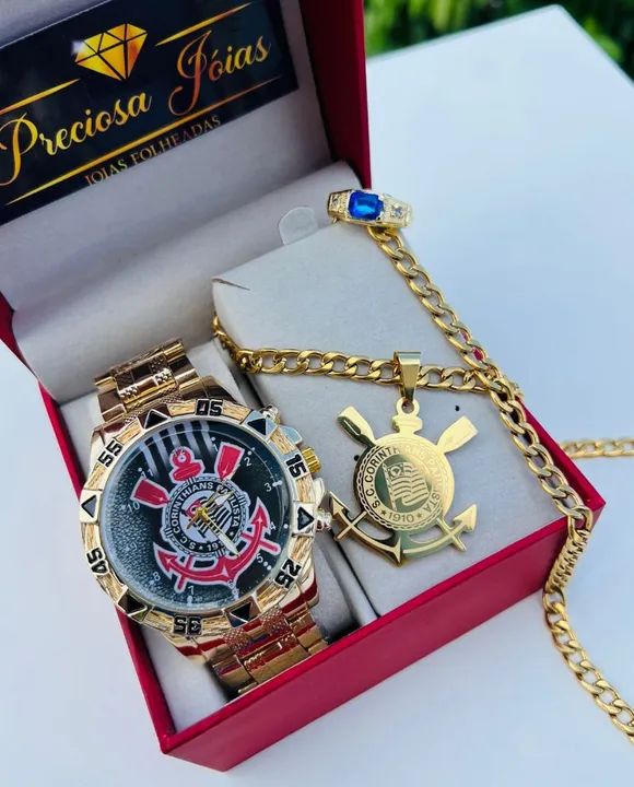Kit Luxo - Relógio, Anel e Colar Dourado time do coração  - Foto 3