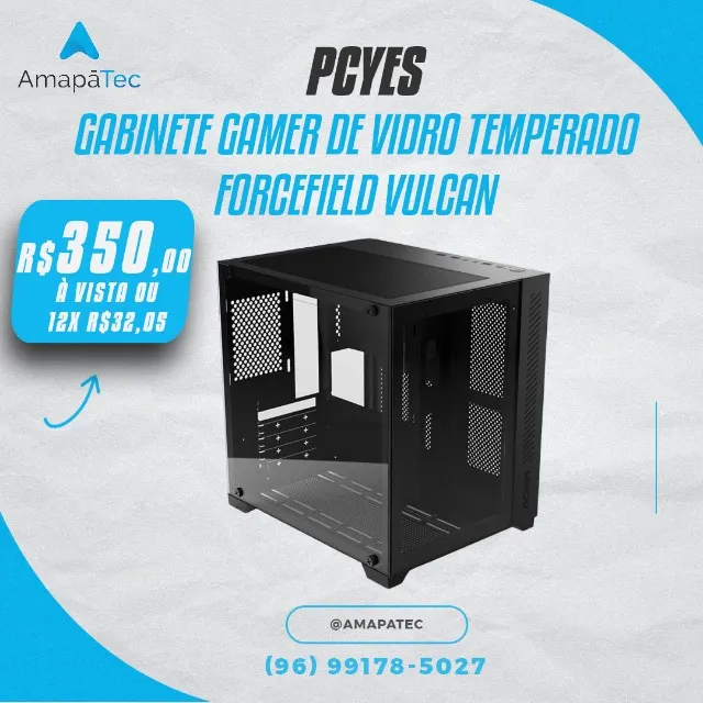 GABINETE GAMER FORCEFIELD BLACK VULCAN FRONTAL E LATERAL EM VIDRO - PCYES