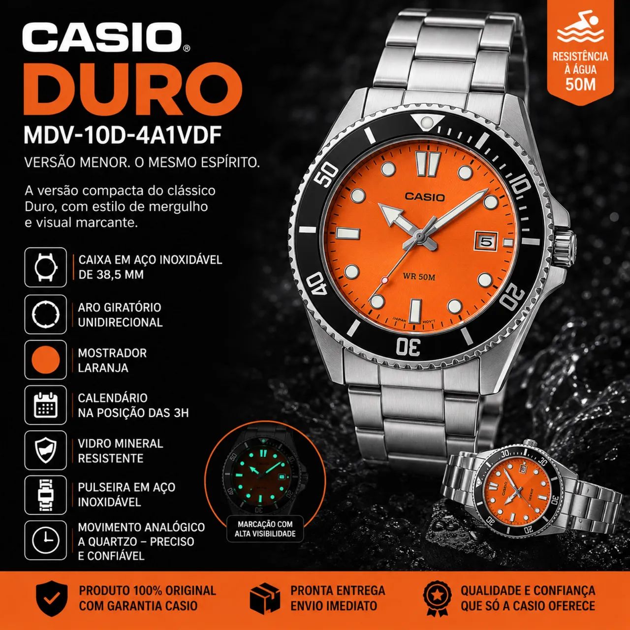 Casio Duro MDV-10D Laranja 39mm - Foto 5