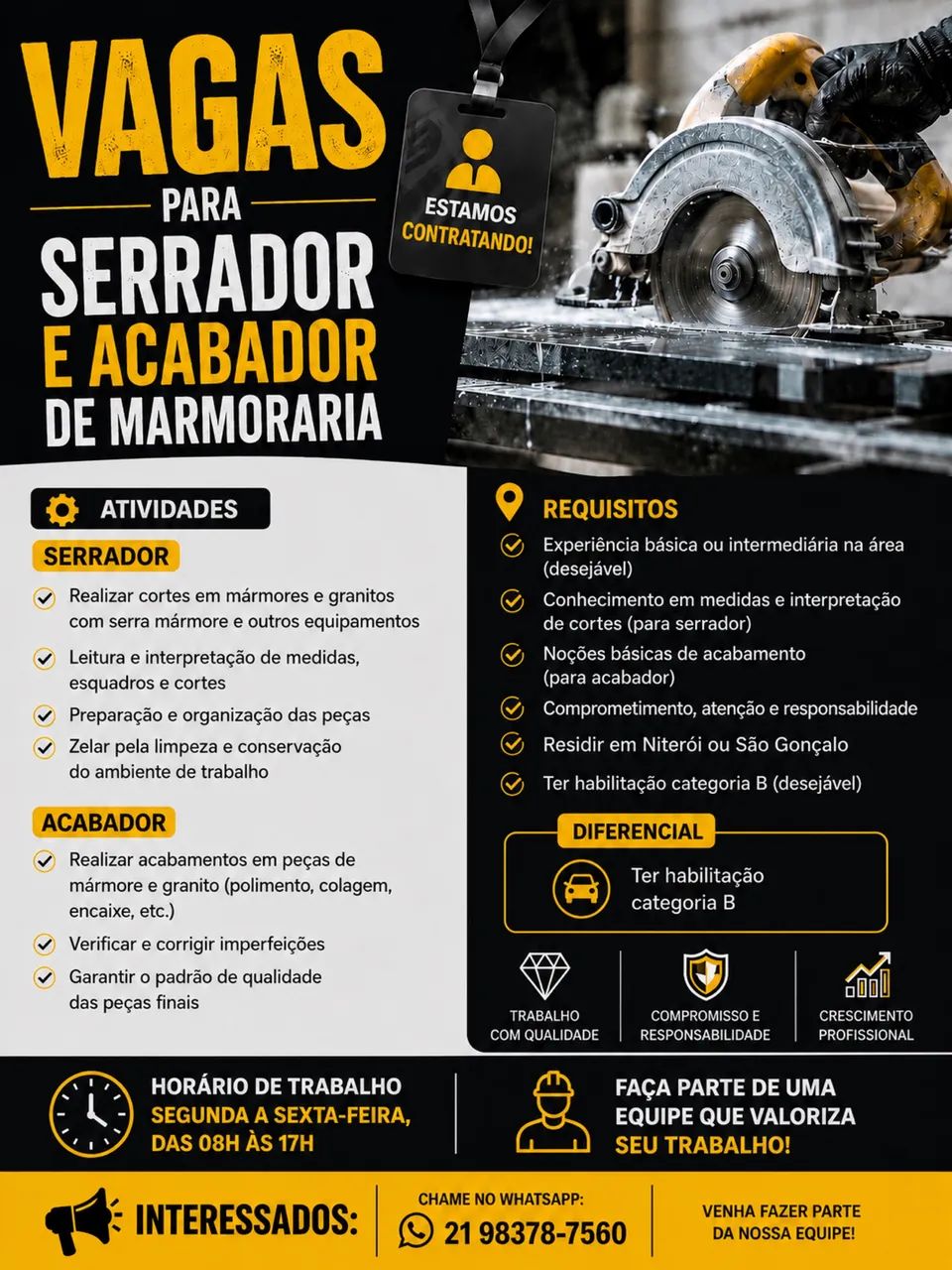 VAGA ABERTA - SERRADOR DE MARMORARIA E ACABADOR 