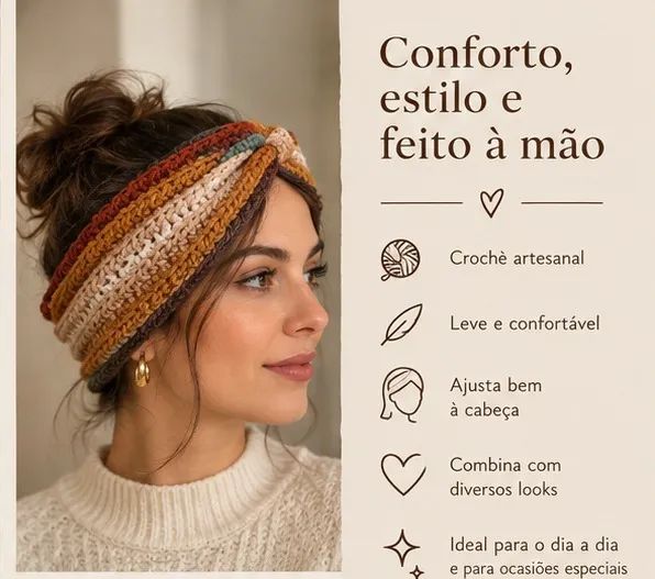 Turbante de crochê listrado em tons terrosos - Foto 2