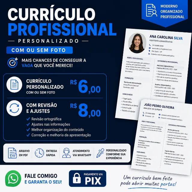 CURRÍCULO PROFISSIONAL PERSONALIZADO A PARTIR DE R$ 6,00
