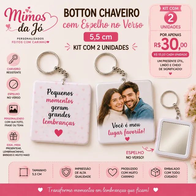 Kit com 2 Bottons Chaveiro com Espelho no Verso