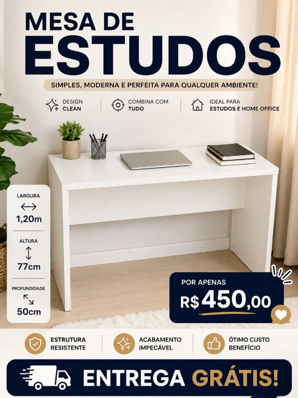Mesa para Escritório/Estudo 1,20m - Top Qualidade