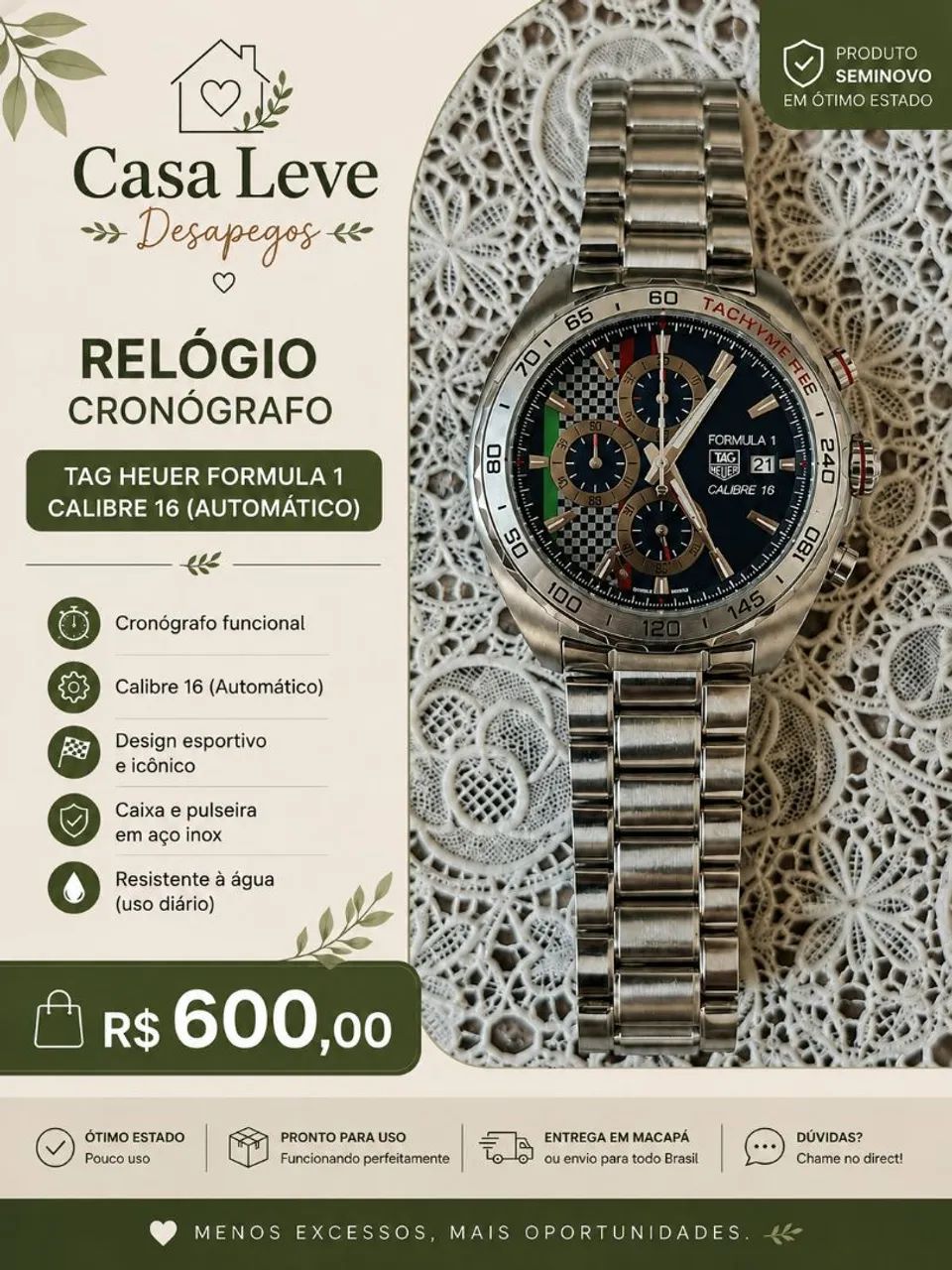 RELÓGIO CRONÓGRAFO ? ESTILO TAG HEUER FORMULA 1