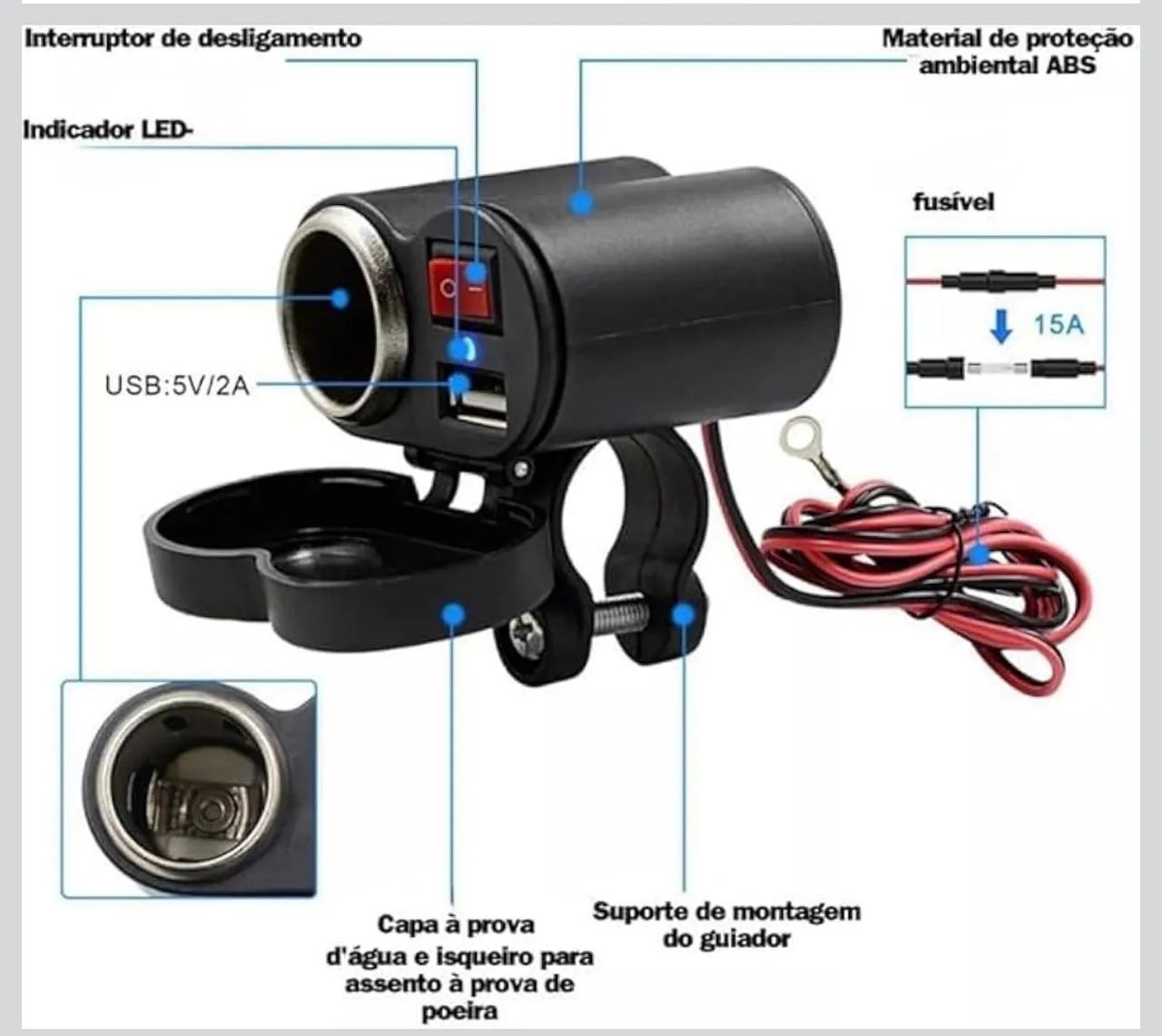 Carregador Para Moto Celular GPS Tomada USB 2.0 Adaptador Acendedor Guidão  - Foto 2