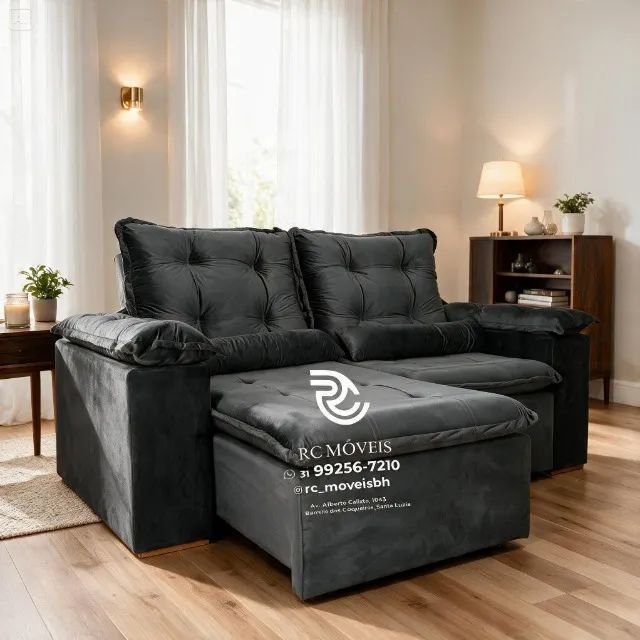 Sofá Retrátil Reclinável 2m Veludo Azul Marinho Pillow 16cm Resistente - Foto 5