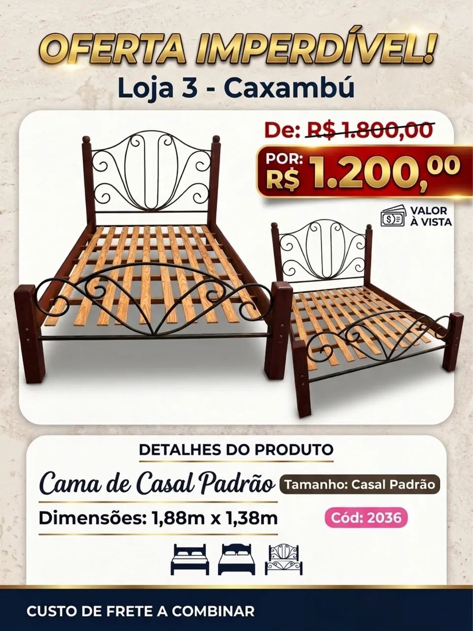 Cama de casal com pés e cabeceira de ferro