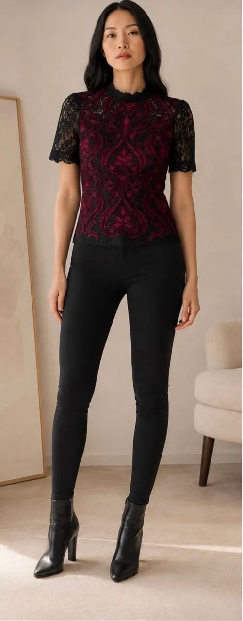 blusa tob camurça e renda preta vinho p - Foto 3