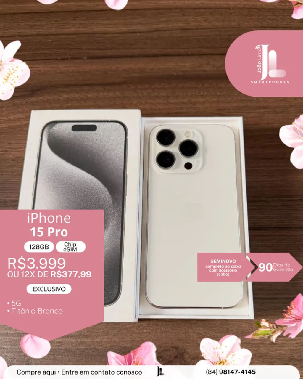 IPHONE 15 PRO, 5G, 128GB, CHIP ESIM, TITÂNIO BRANCO, SEMINOVO