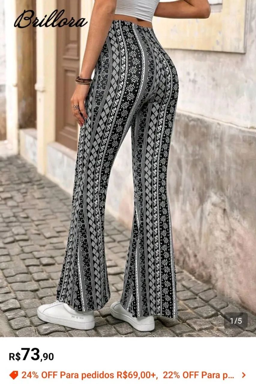 Calça flare estampada cintura baixa 