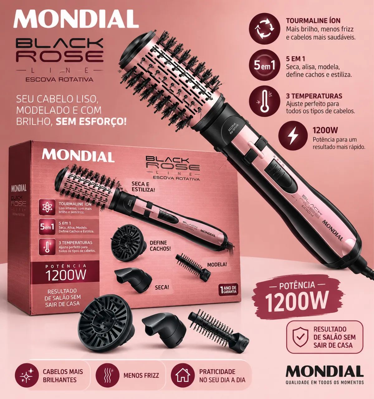 Escova Rotativa Mondial Black Rose 1200W - Usada 1x, Completa 