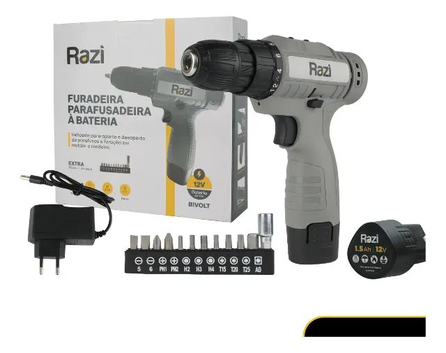 Furadeira e Parafusadeira 3/8 Pol 12V com Bateria 1,3Ah Carregador e Acessórios RAZI-29488