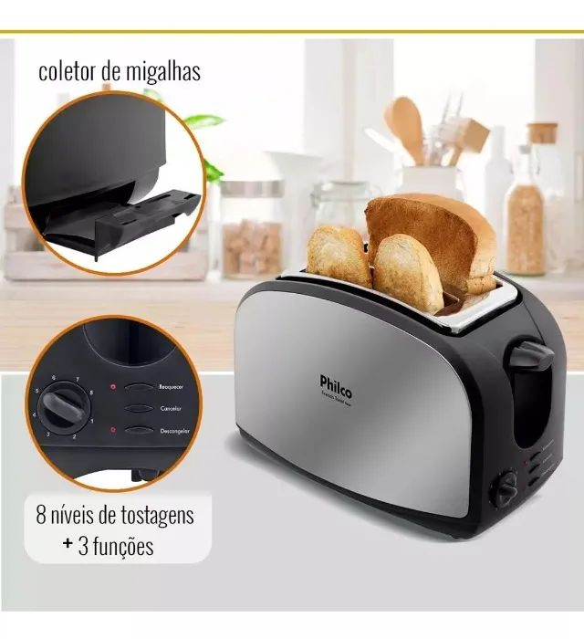 Torradeira Philco French Toast Inox - 900w preto/inox 110v
