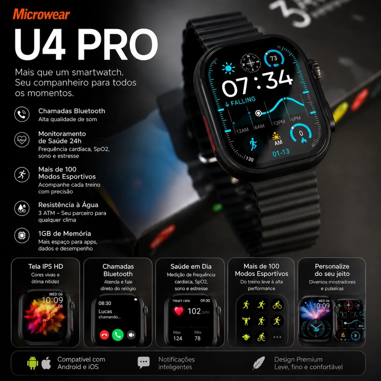 Smartwatch U4 Pro Série 10 3ATM + 30 Funções Dual Core Case + Película
