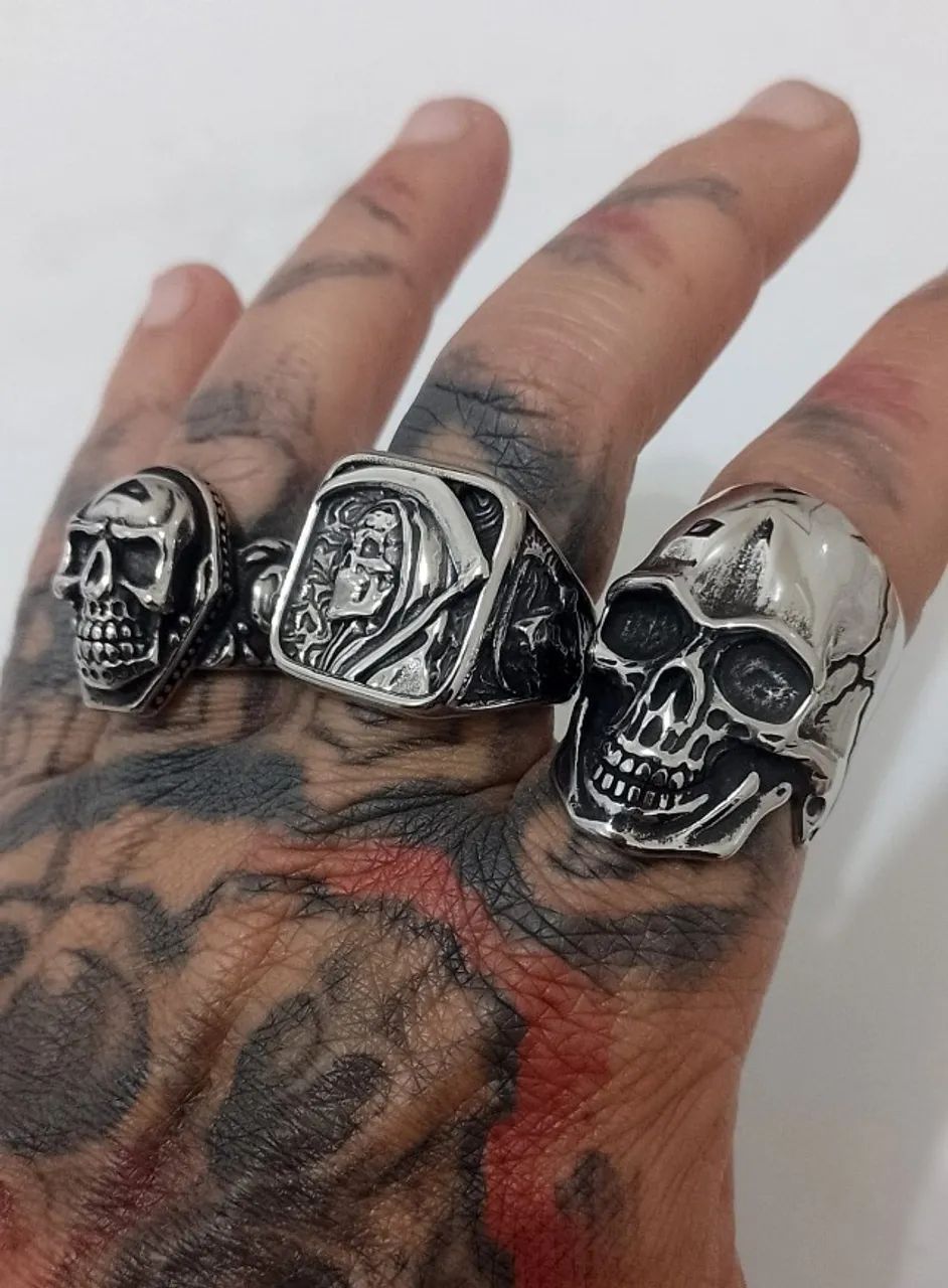 Kit com 3 anéis de Caveira em aço inoxidável Maciço - Foto 2