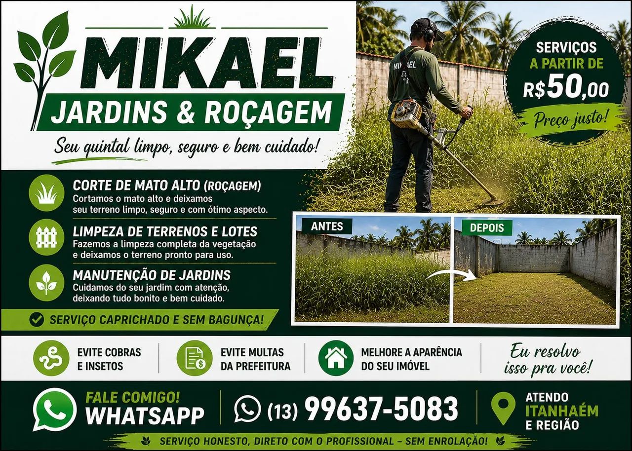 Roçagem de terrenos e jardins - Itanhaém e região 