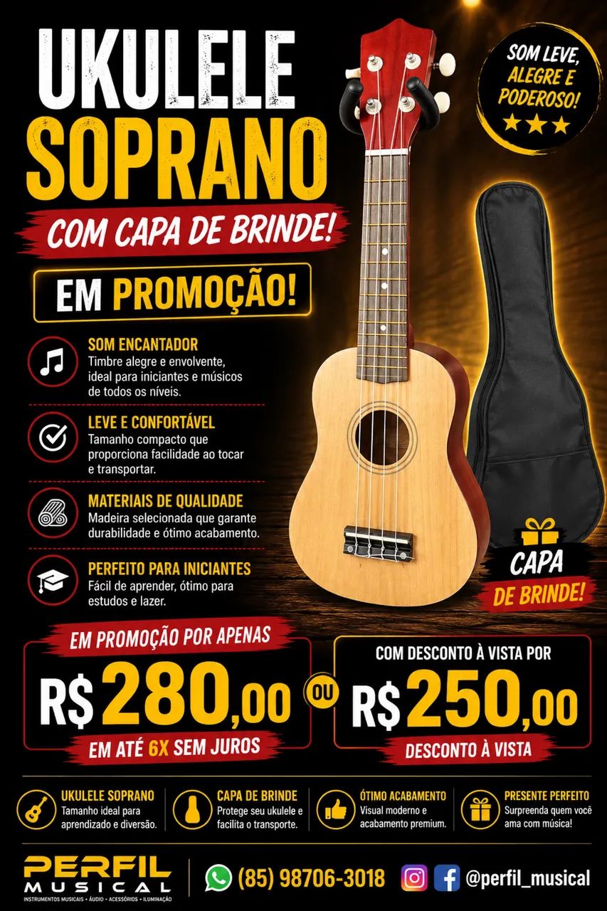 Ukulele soprano com capa de brinde em promoção