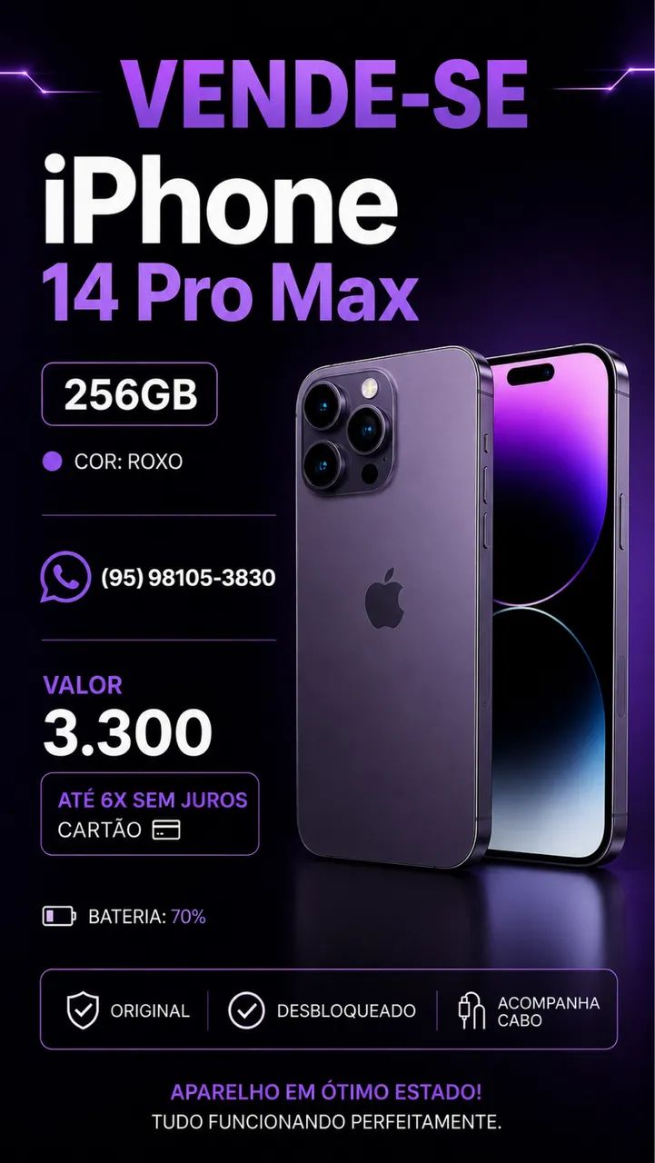 iPhone 14pro Max 256gb parcela 6x cartão sem juros