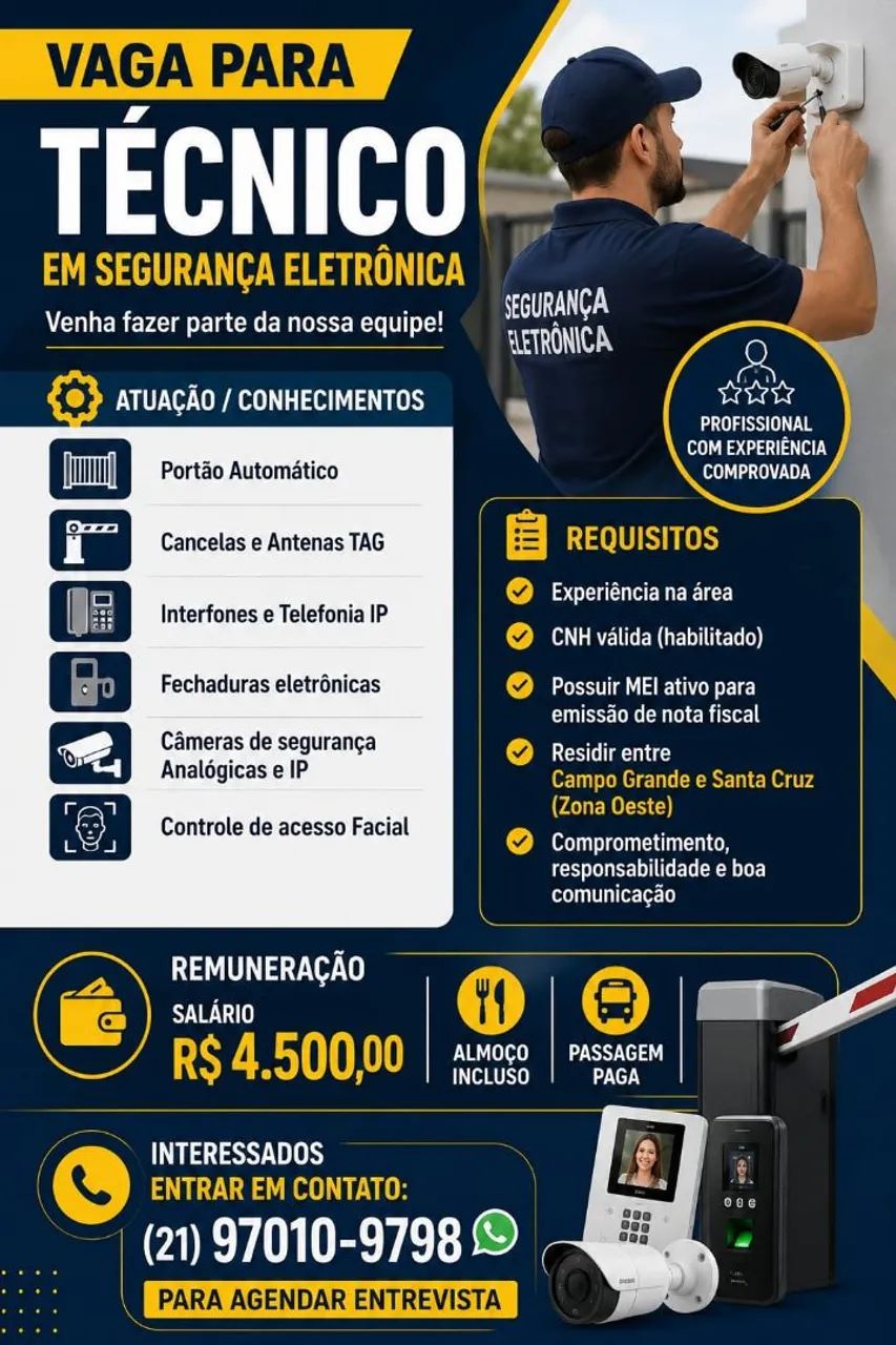 VAGA PARA TÉCNICO DE SEGURANÇA ELETRÔNICA
