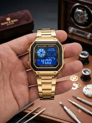 Relógio Digital Dourado Sport & World Time - Estilo e Precisão.