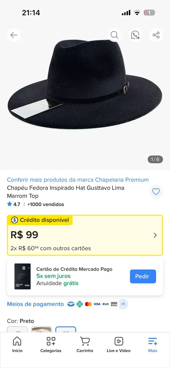 Chapéu fedora preto em veludo (desapego) - Foto 3
