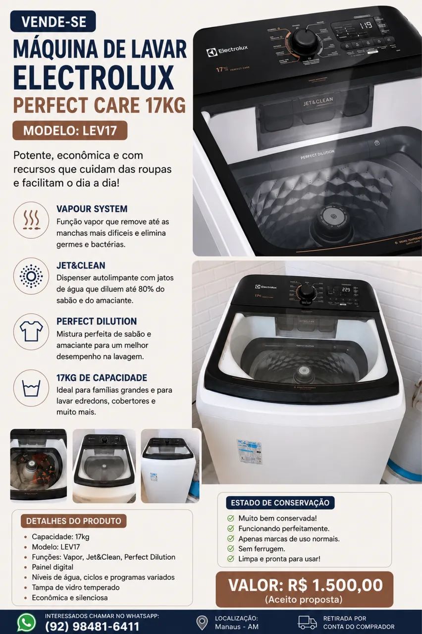Máquina de Lavar Electrolux Perfect Care 17kg LEV17