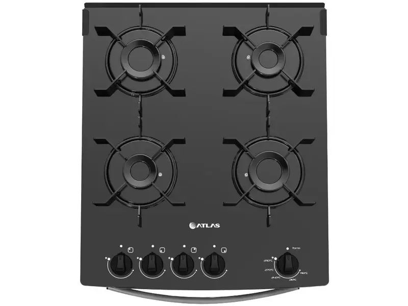 Fogão 4 Bocas Atlas Preto Mesa de Vidro Mônaco Top Glass