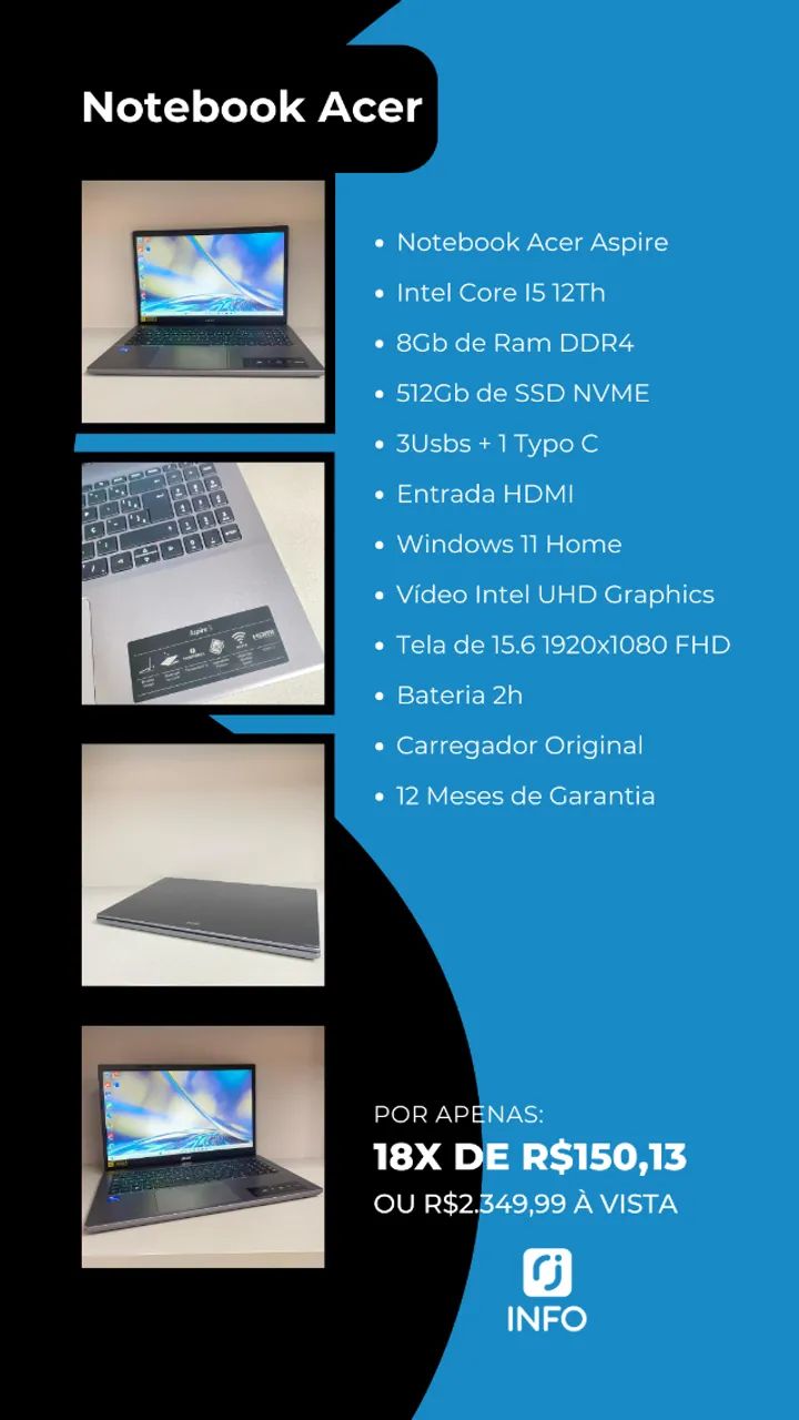 Notebook Acer Aspire -  Intel Core I5 12Th - 8Gb de Ram DDR4