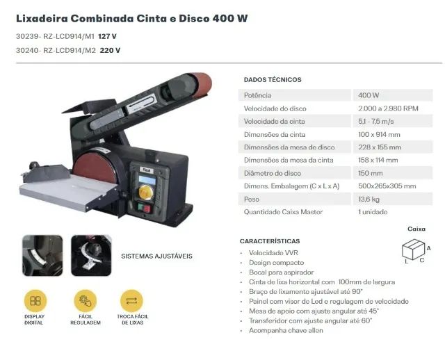  LIXADEIRA COMBINADA DE CINTA E DISCO RAZI 400W 220V 