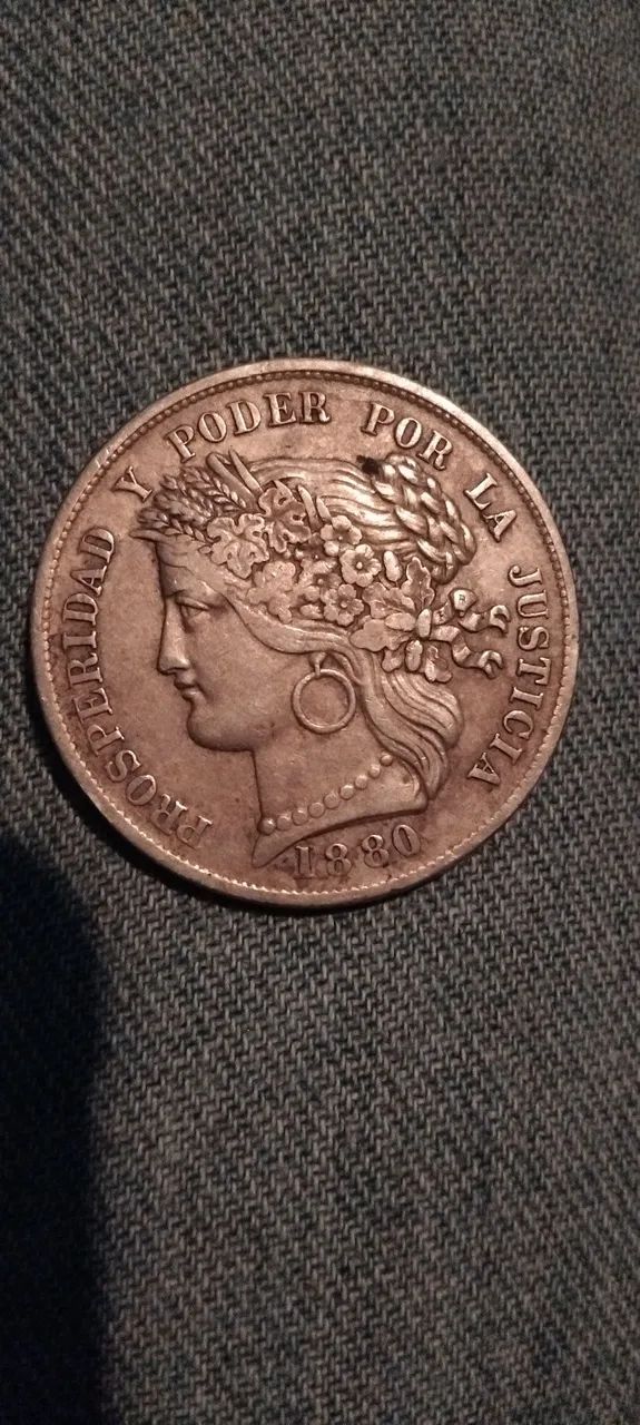 Moeda de prata antiga peruana 1880 5 pesetas