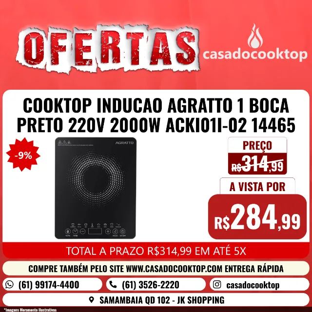 COOKTOP INDUCAO AGRATTO 1 BOCA PRETO 220V 2000W ACKI01I-02 14465