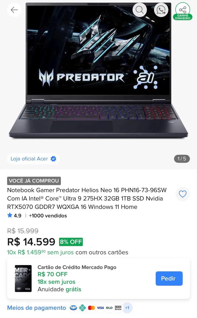 Notebook Gamer Predator Helios Neo 16 com IA Intel core Ultra 9 - Foto 2